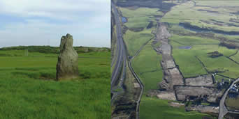 Standing stone at the north end of the site, and an aerial photograph showing the extent of the 36ha area cleared for archaeological investigation